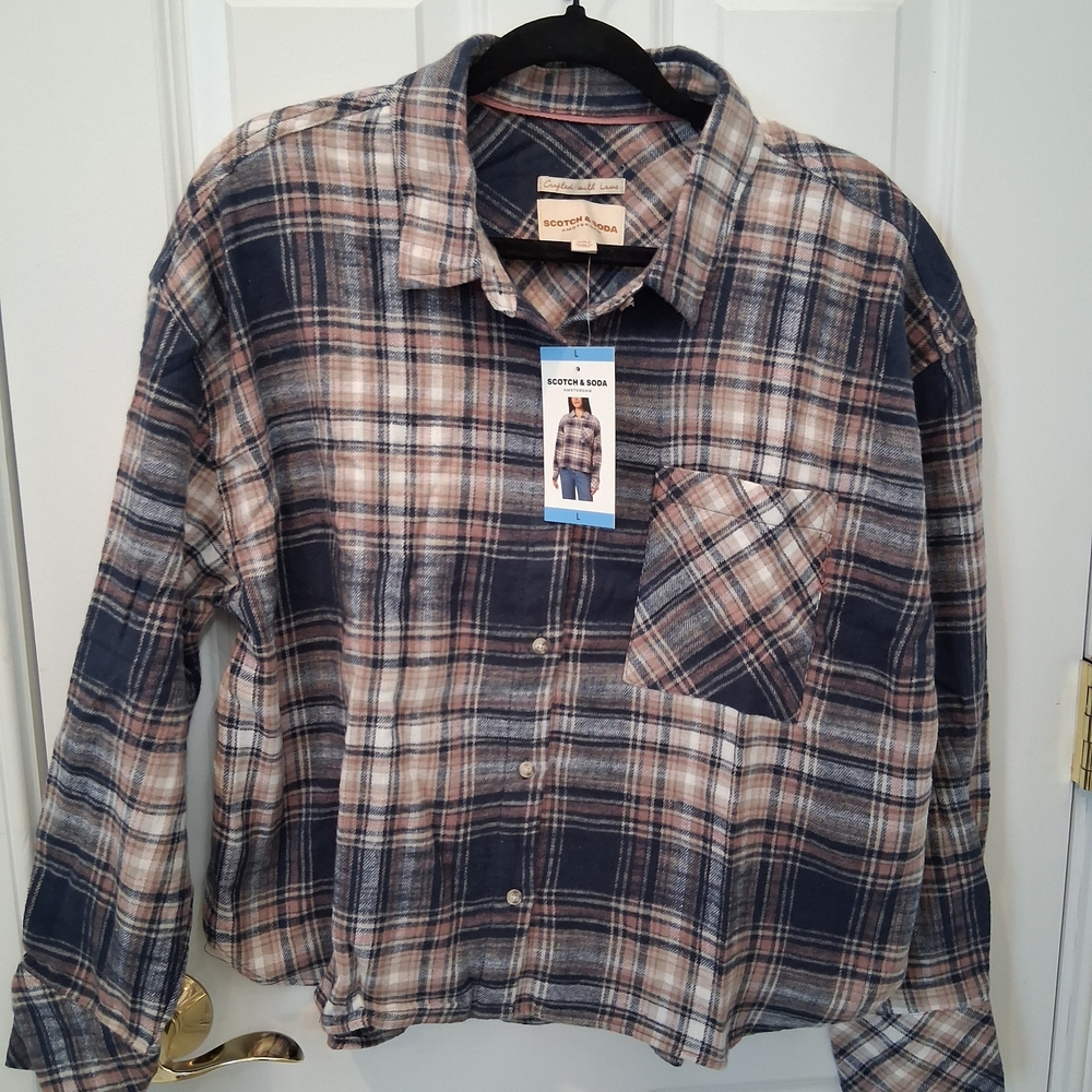 Scotch & Soda Flannel Navy and Pink Plaid Button Down Shirt